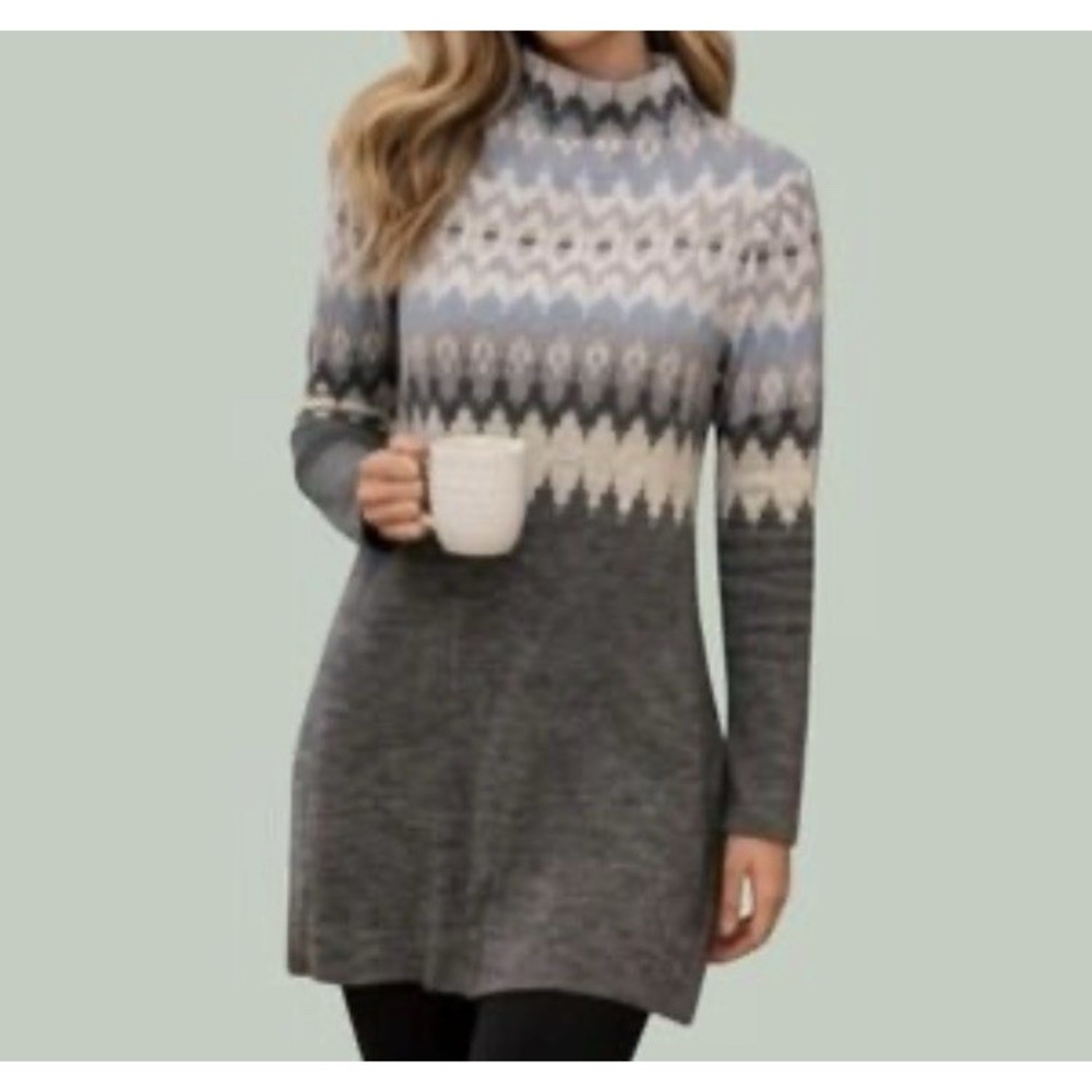 Icelandic Design 100% Merino Wool Sweater Dress L Cream Gray Nordic Fair Isle